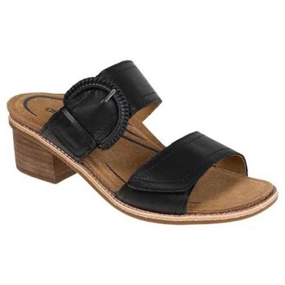 Aetrex Tatiana Black Leather Block Heel Sandal Sz 7-7.5